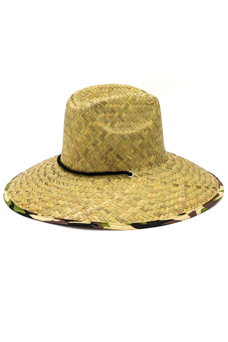 Top view of a straw hat with a green camo design pattern underneath the shaded visor with ablack chin strap