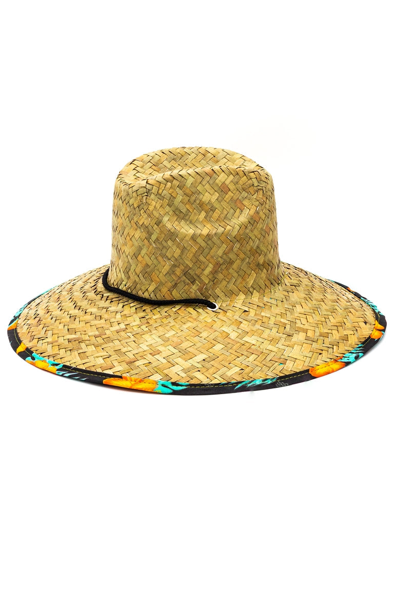Top view of a straw hat with a tropical watermelon design pattern underneath the shaded visor with ablack chin strap
