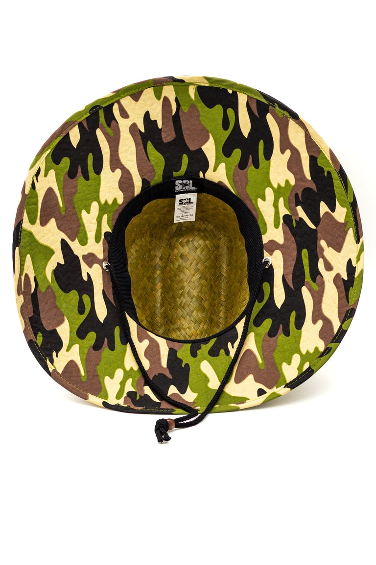 Bottom view of a straw hat with a green camo design pattern underneath the shaded visor with ablack chin strap
