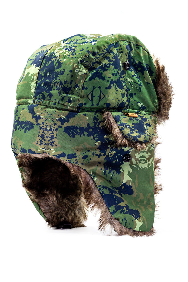 Back side aviator hat with blue splatter camo design. Inside covered with brown faux fur