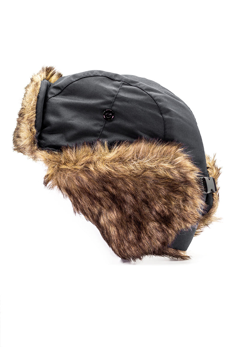 Black aviator hat with faux fur inside with flaps folded up