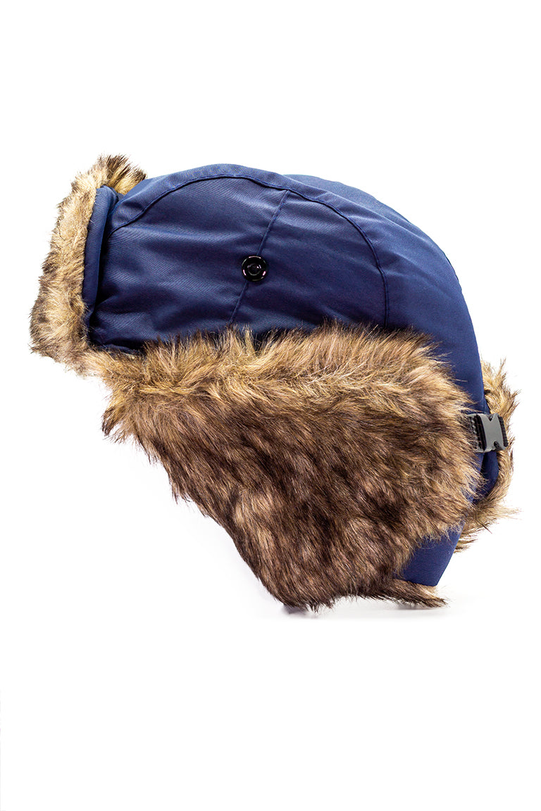 Navy aviator hat with faux fur inside with flaps folded up