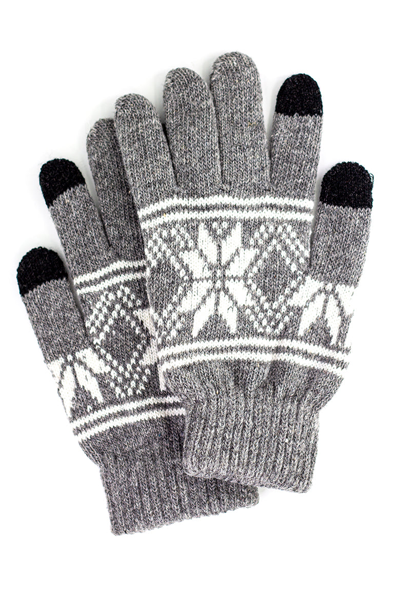 Touchscreen gray gloves with a white snowflake pattern design