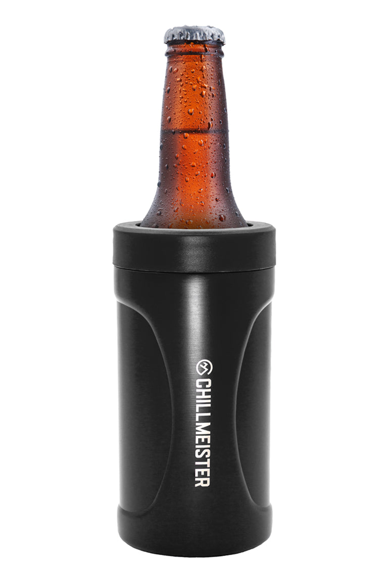 A matte black can cooler with a glass bottle inside