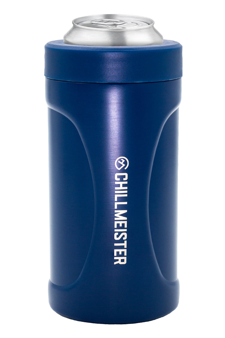 A matte navy blue can cooler with an aluminum can inside