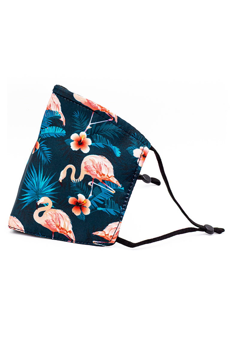 Mascarilla de moda de correa ajustable con alambre de nariz- flamencos tropicales