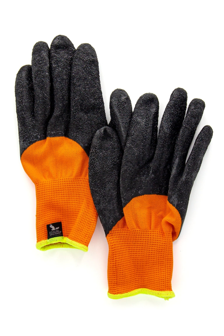 A black and orange work gloves. Black fingers on glove are made of rubber material