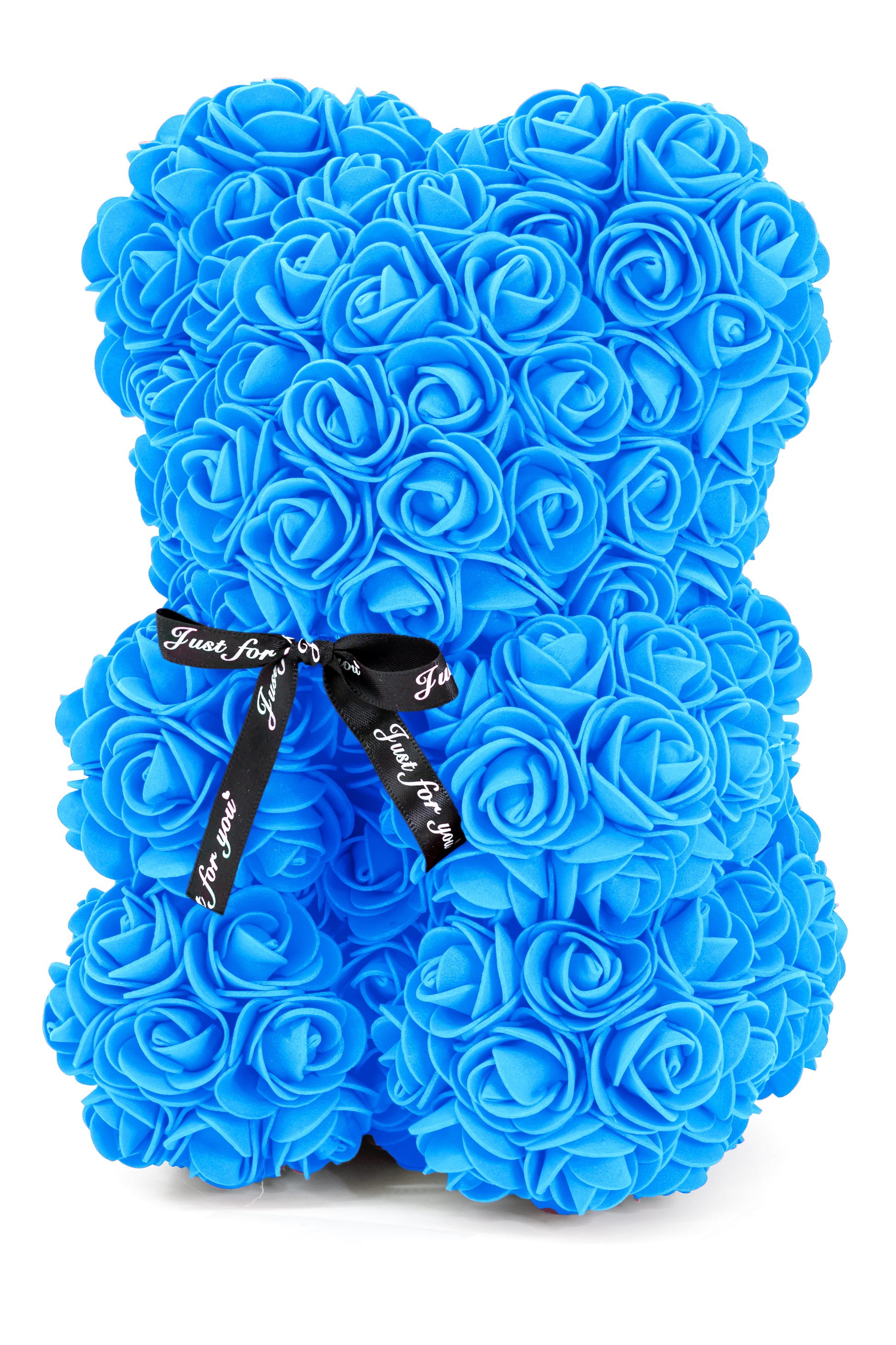 A flower bear decoration covered in blue foam shaped roses