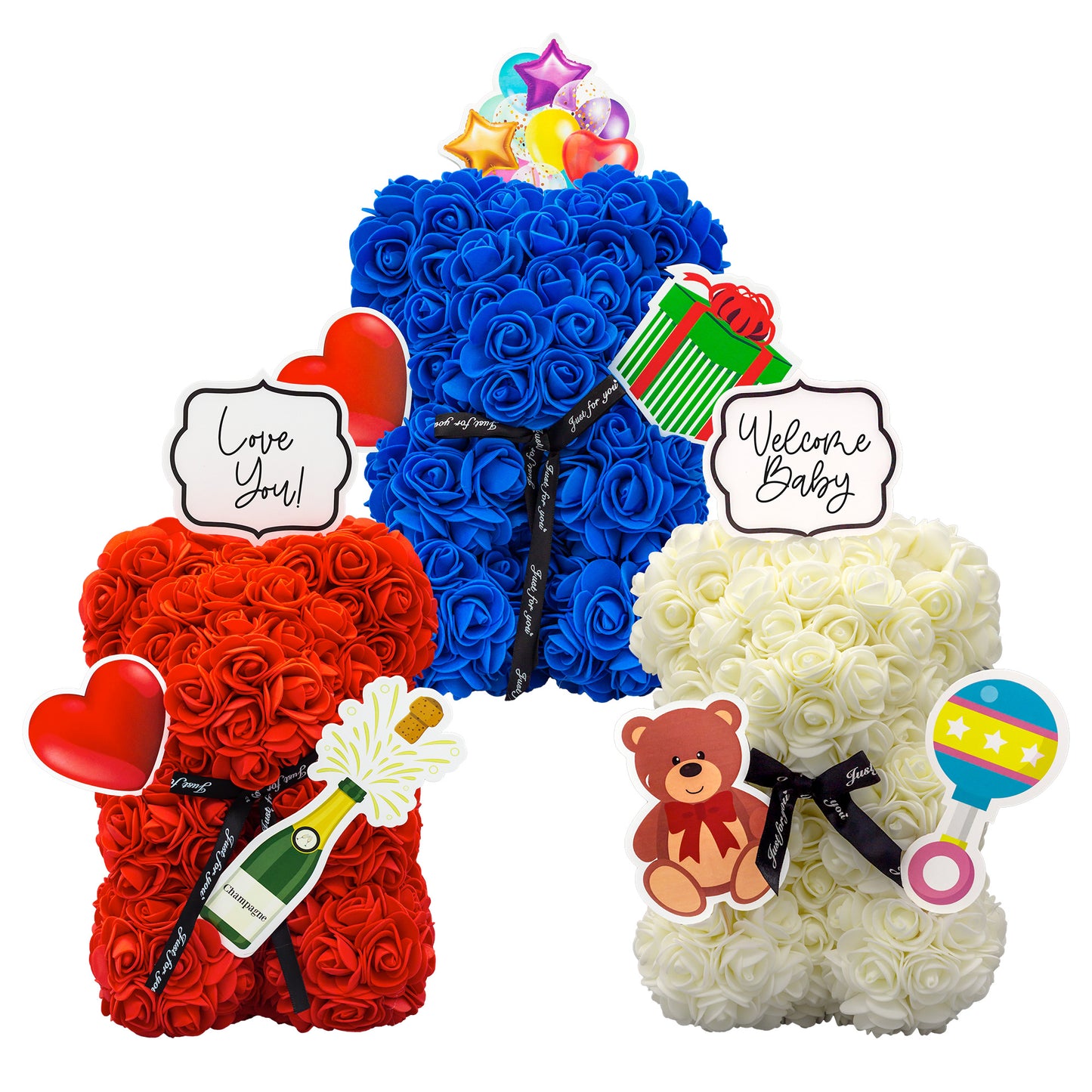 Three foam covered flower bears each with a different color and various decorations attached of different celebrations such as birthdays, anniversaries and baby showers