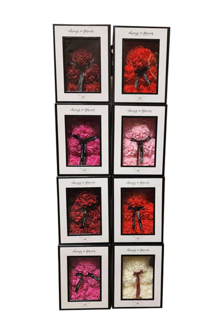 A display of flower bears inside there packaging