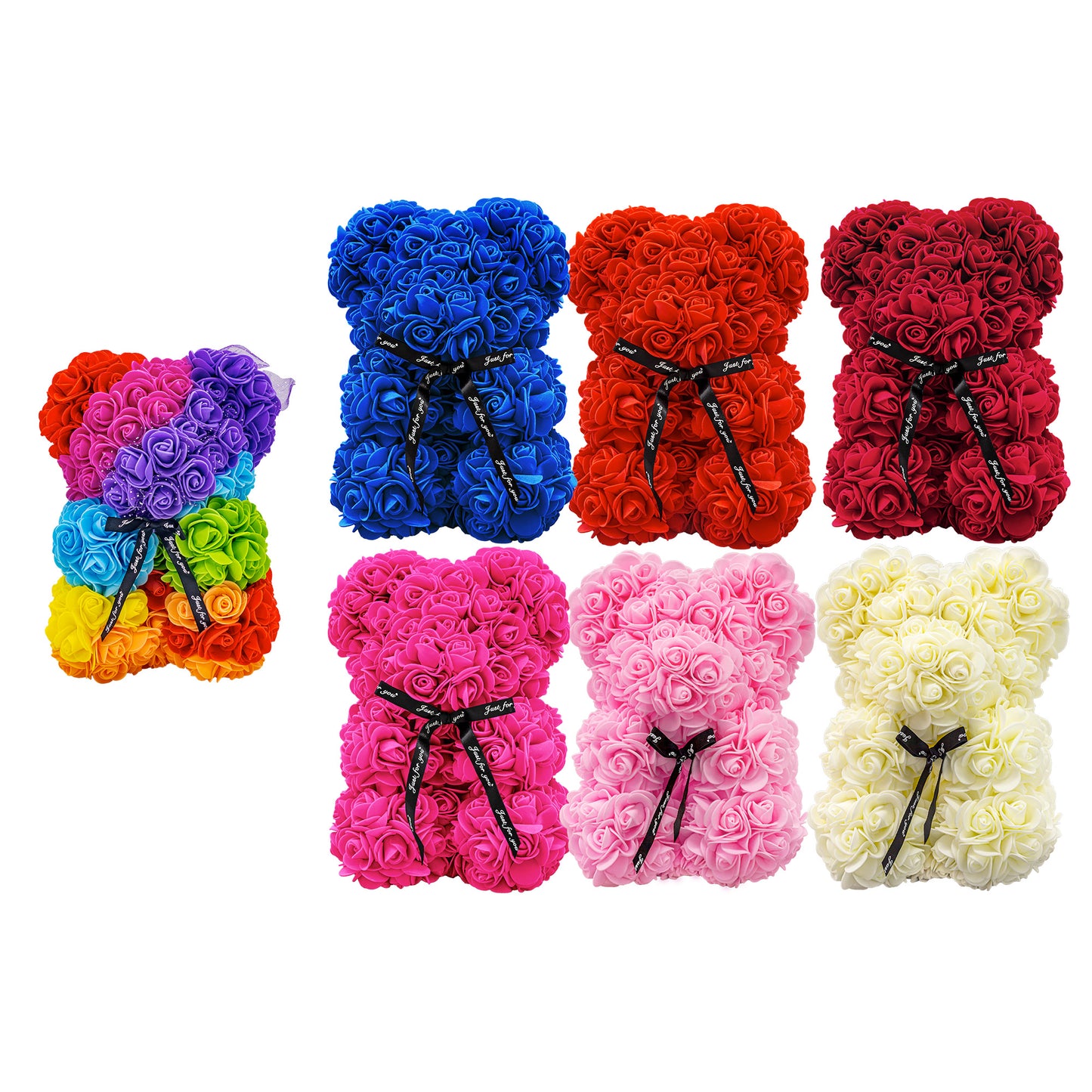 7 various color of flower bears covered in foam flowers