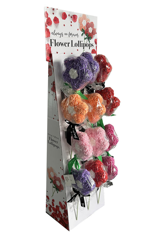 A display of a 24 piece flower lollipop decorative pieces