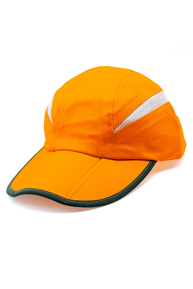Orange foldable hat with two white stripes at the top of the hat and a gray strip around the edge of the visor