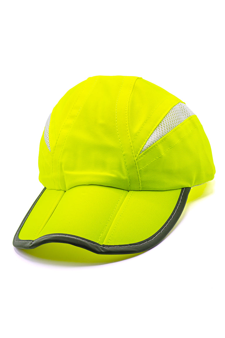 Yellow foldable hat with two white stripes at the top of the hat and a gray strip around the edge of the visor