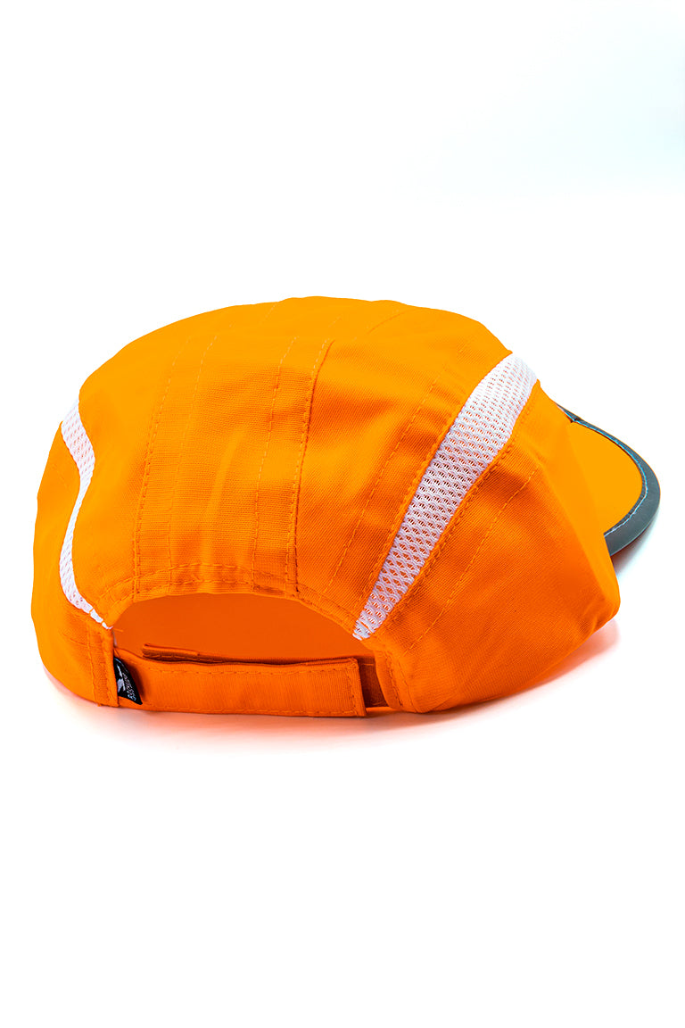Back side of orange foldable hat with an adjustable strap
