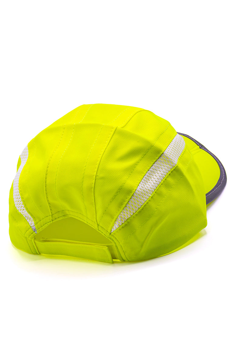 Back side of yellow foldable hat with an adjustable strap