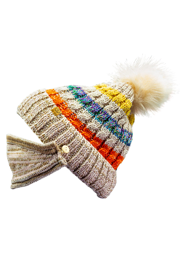 Cream colored beanie with yellow, cyan and orange stripes on top of cap. Comes with a cream colored face mask of the same material as the beanie
