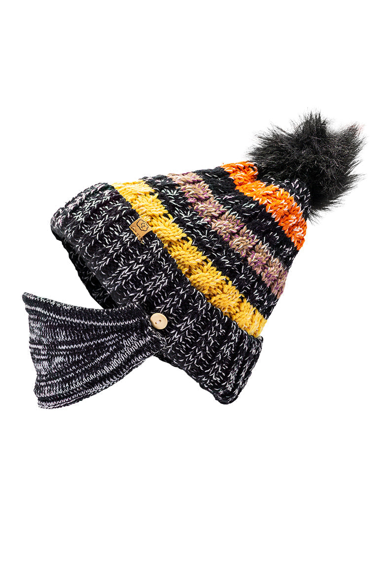 Black beanie with yellow, brown and orange stripes on top of cap. Comes with a black face mask of the same material as the beanie