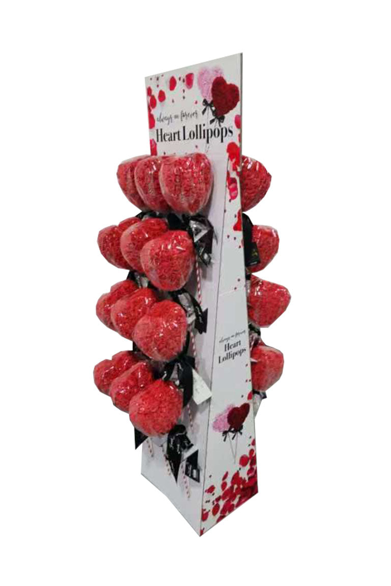 A display of a 24 piece heart lollipop decorative pieces