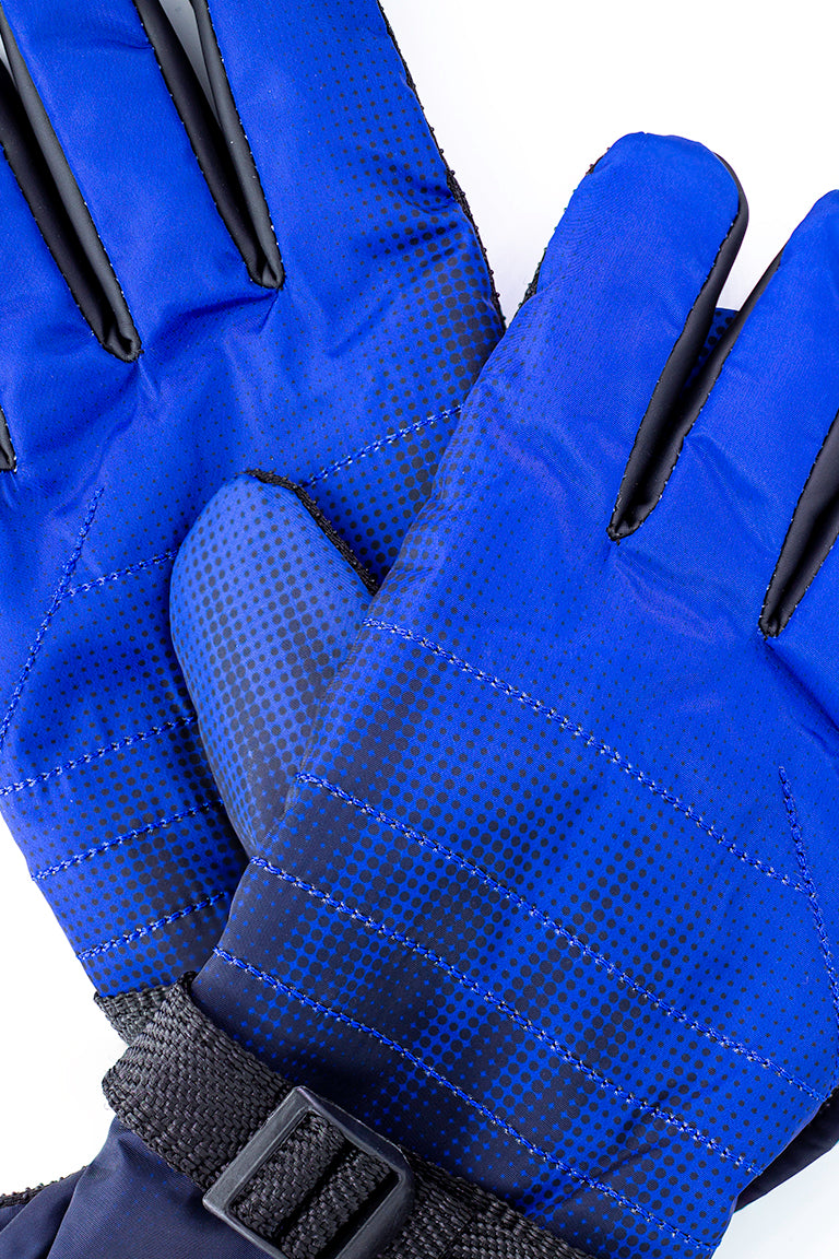 Close up of the heavy gloves colored as a gradient from navy to black. The black goes from solid around the cuff to a dotted pattern towards the finger tips