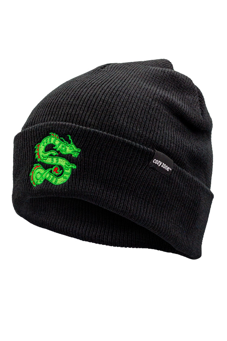 A side view of a  black beanie with a patch of a dragon