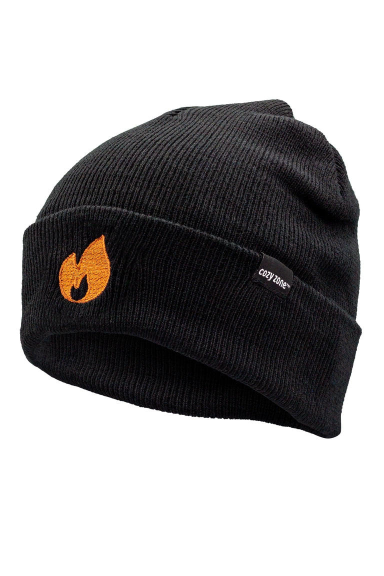 A side view of a  black beanie with a patch of a flame