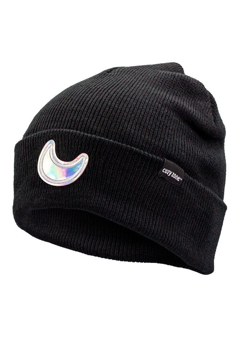 A side view of a  black beanie with a patch of a crescent moon