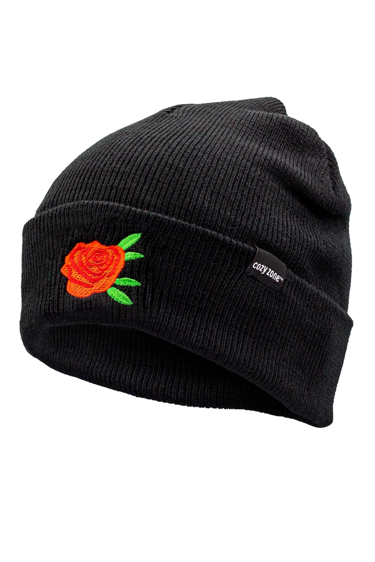 A side view of a  black beanie with a patch of a rose