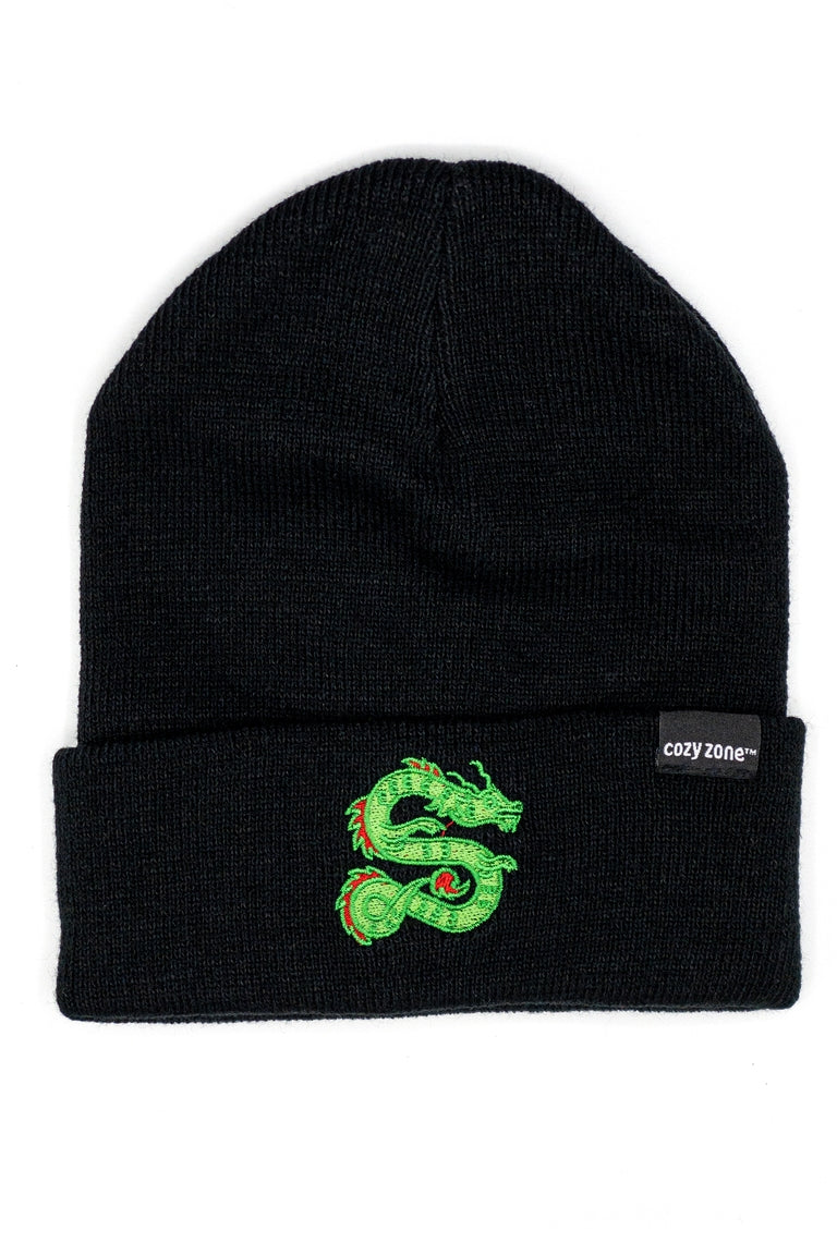 A front view of a  black beanie with a patch of a dragon