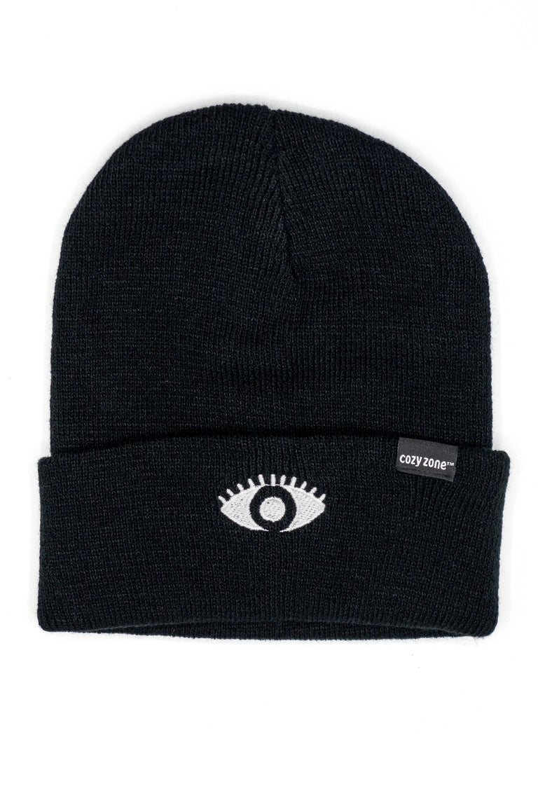A front view of a  black beanie with a patch of a eyeball