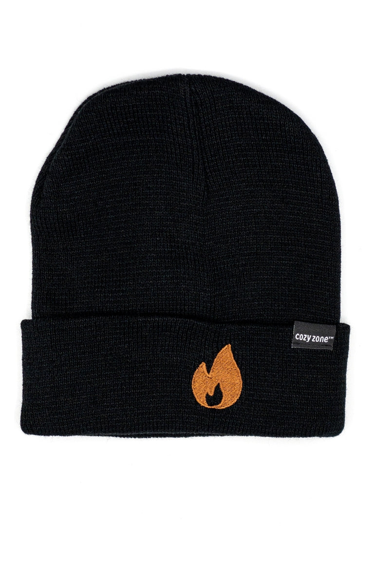 A front view of a  black beanie with a patch of a flame