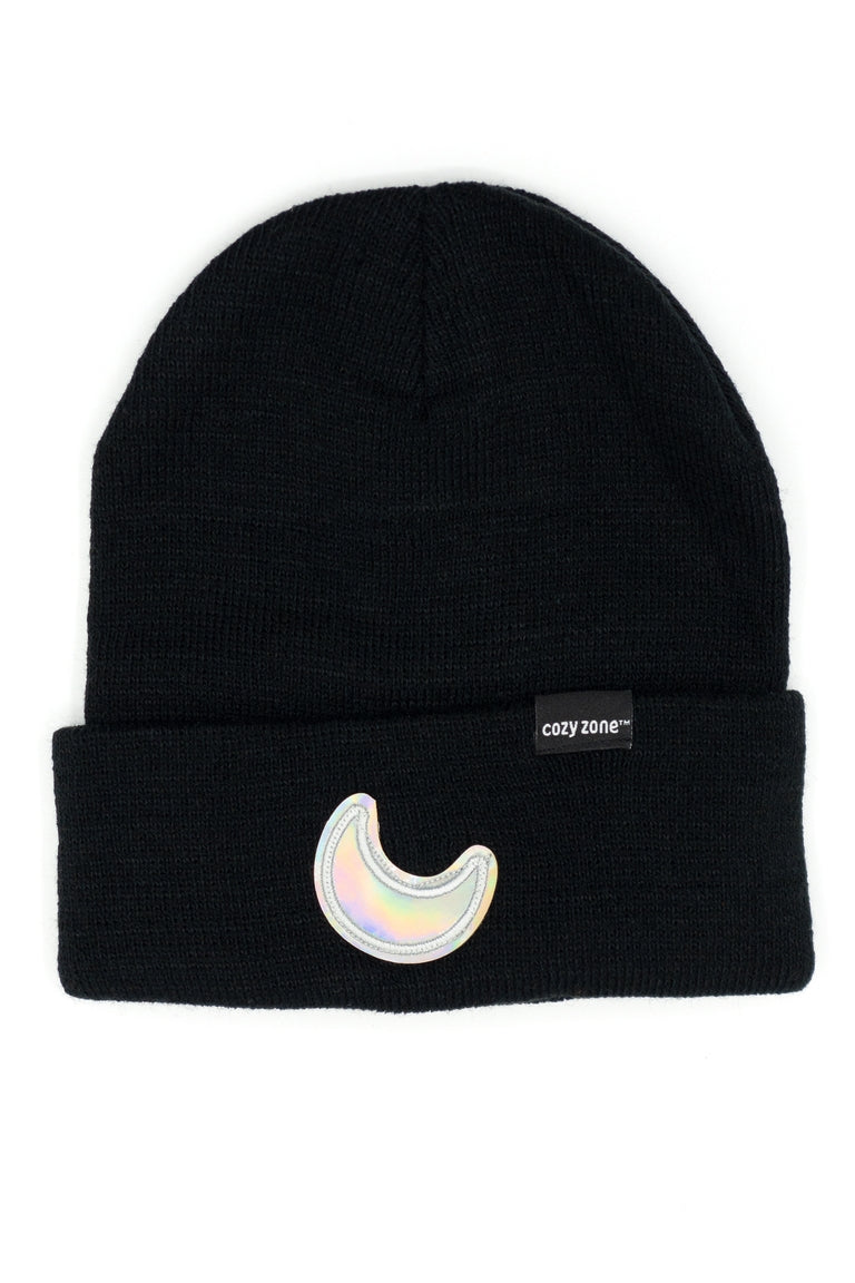 A front view of a  black beanie with a patch of a crescent moon
