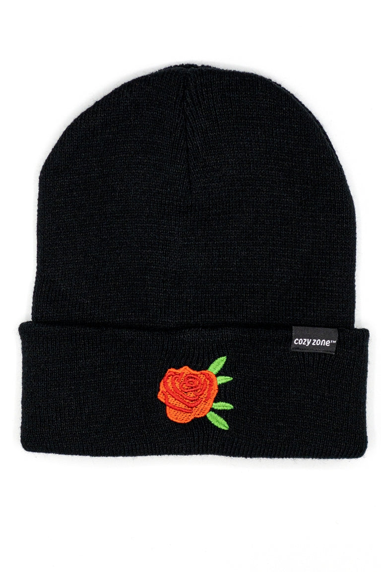 A front view of a  black beanie with a patch of a rose