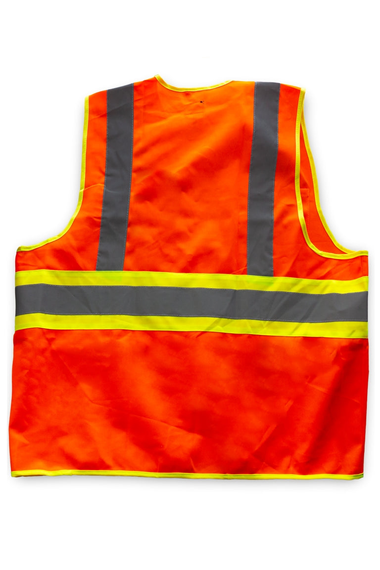 Back side of a orange with yellow stripe safety vest. Has reflective bands.
