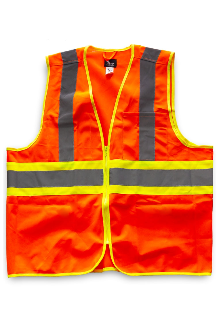 Front side of a orange with yellow stripe safety vest. Has reflective bands.