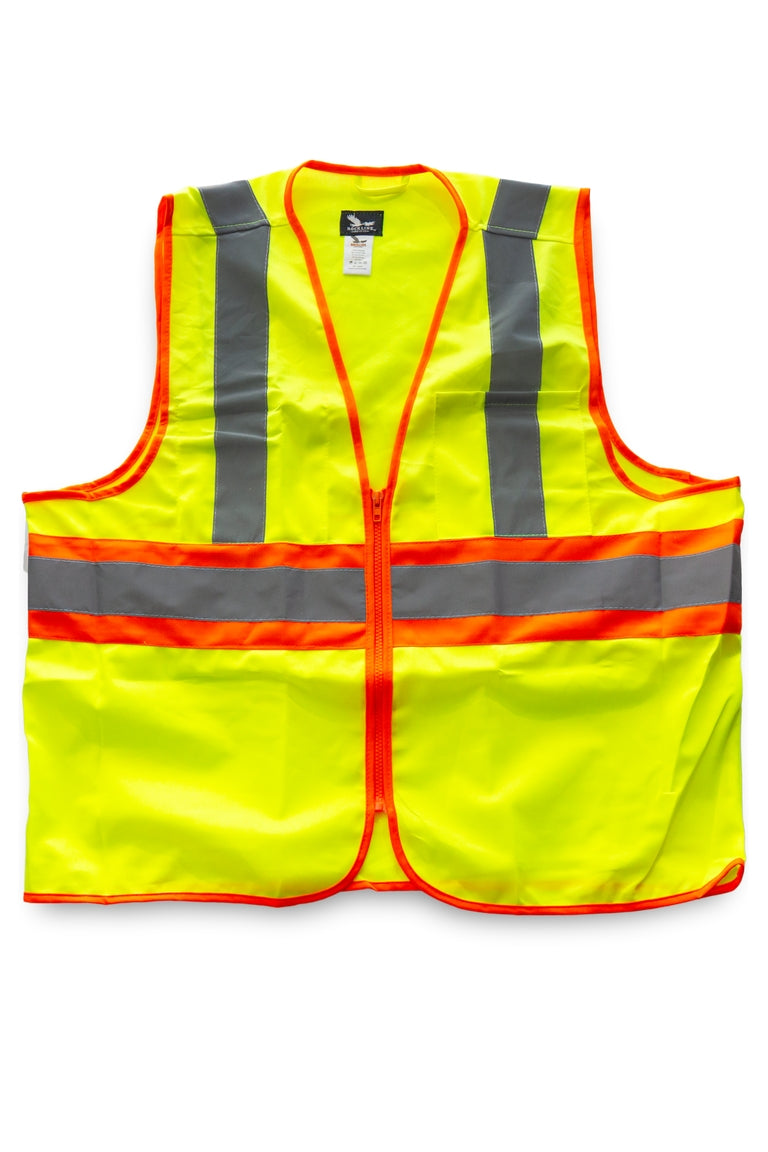 Front side of a yellow with orange stripe safety vest. Has reflective bands.
