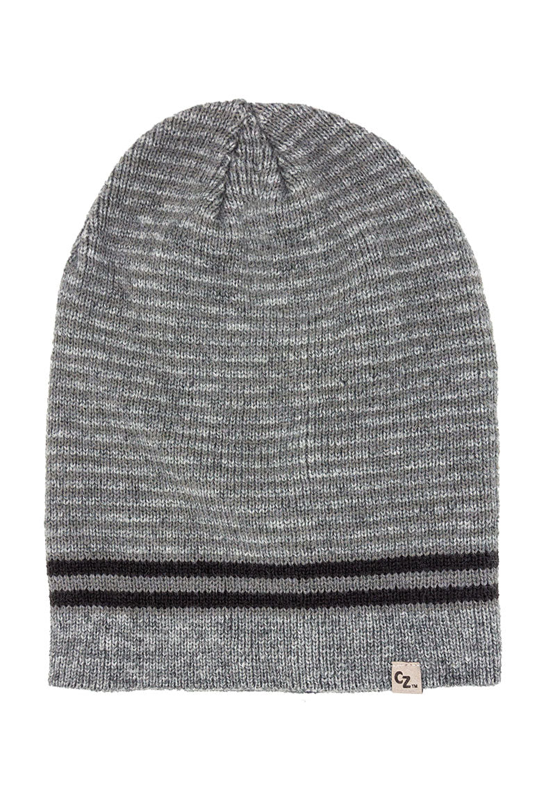 A gray beanie with two black stripes at the base of the cap