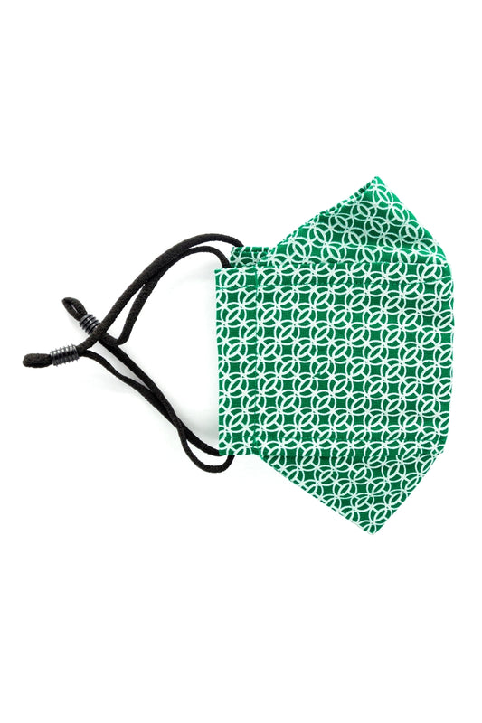 A green colored adjustable face mask with white geometric pattern made in Turkey