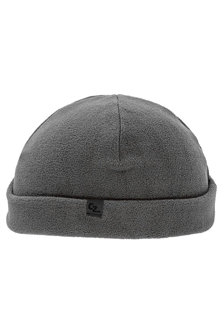 A fleece beanie cap that is all charcoal colored