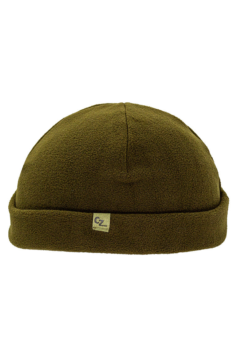 A fleece beanie cap that is all forest green colored
