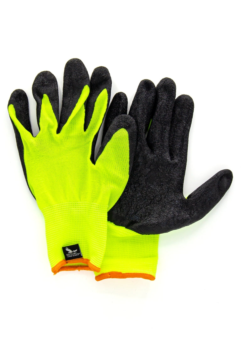 A black and yellow work glove with a single orange stripe around the cuff of the glove. The black fingers of the glove are made of rubber