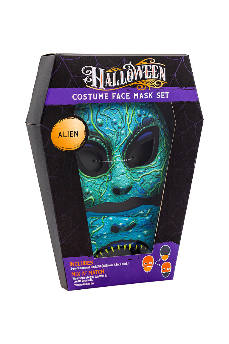 A 2 piece face mask of an alien design. One piece to cover the eyes and nose. The other separate piece to cover the mouth inside a coffin shaped packaging box.