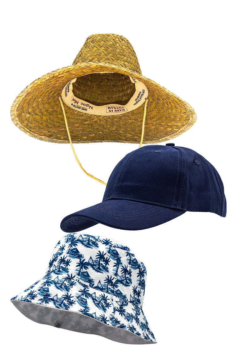Three hats starting from top to bottom: a straw hat, a navy baseball hat and a floppy bucket hat