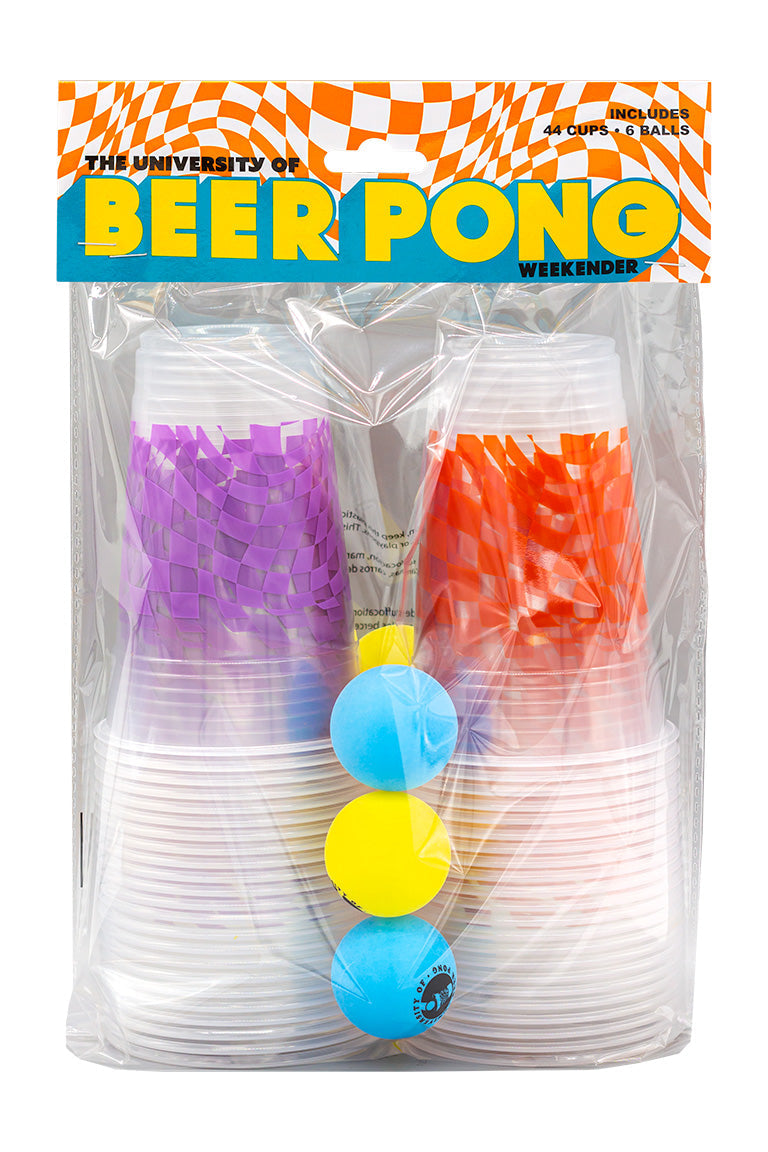 Beer pong packging with 44 cups. Half the clear cups are purple checkered design the other half are orange checkered design. Has six beer pong balls in various colors.
