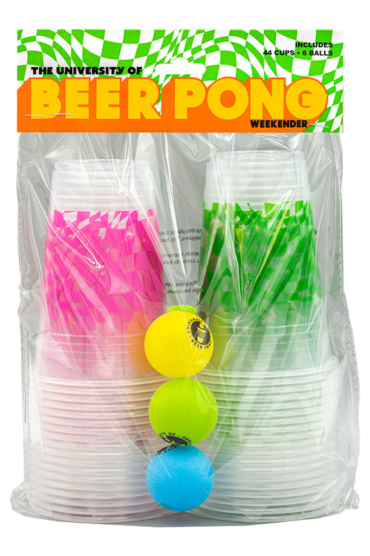 Beer pong packging with 44 cups. Half the clear cups are pink checkered design the other half are green checkered design. Has six beer pong balls in various colors.