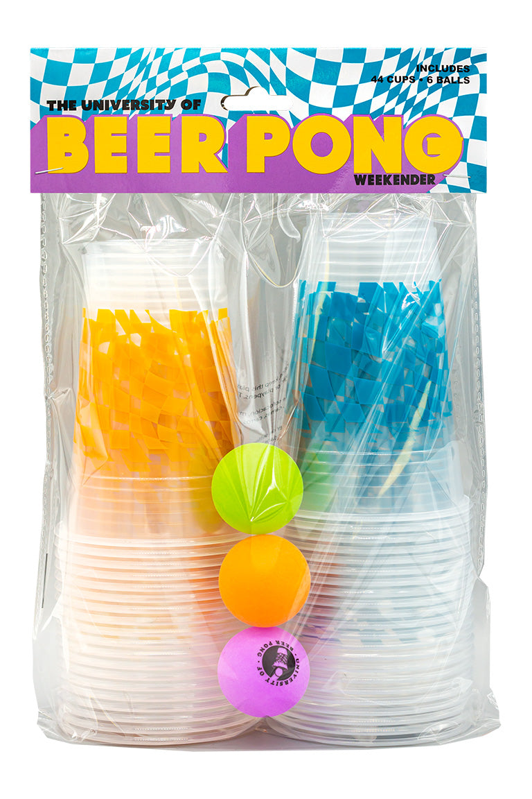 Beer pong packging with 44 cups. Half the clear cups are orange checkered design the other half are blue checkered design. Has six beer pong balls in various colors.