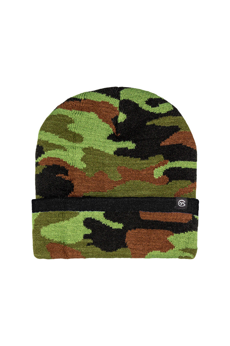 A camo design beanie with patches of green, black and brown for the camo pattern. Has a black line going around the beanie.
