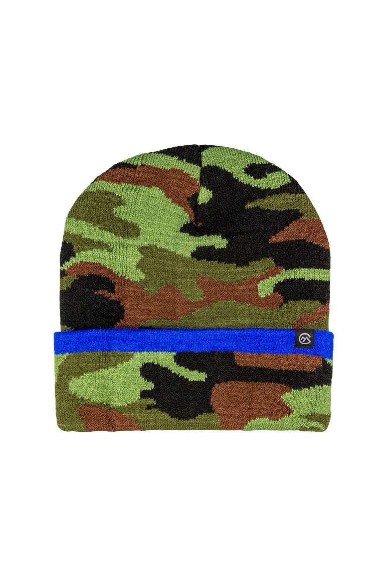 A camo design beanie with patches of green, black and brown for the camo pattern. Has a blue line going around the beanie.