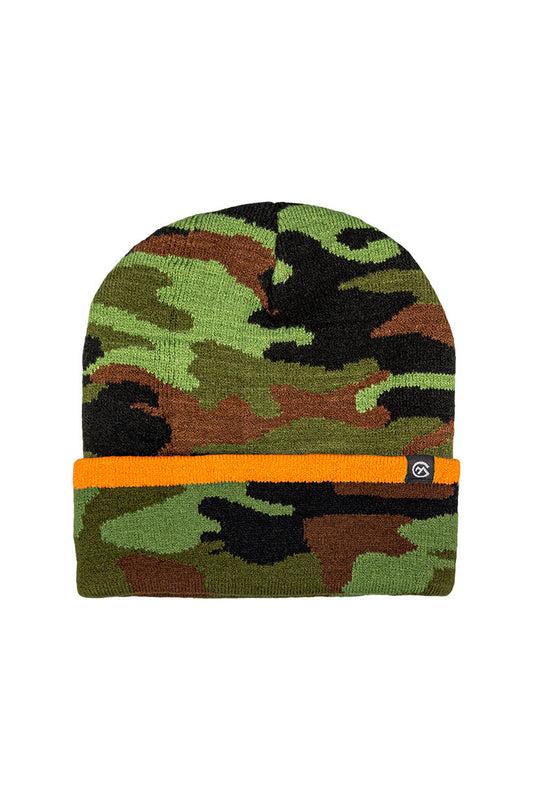A camo design beanie with patches of green, black and brown for the camo pattern. Has a orange line going around the beanie.