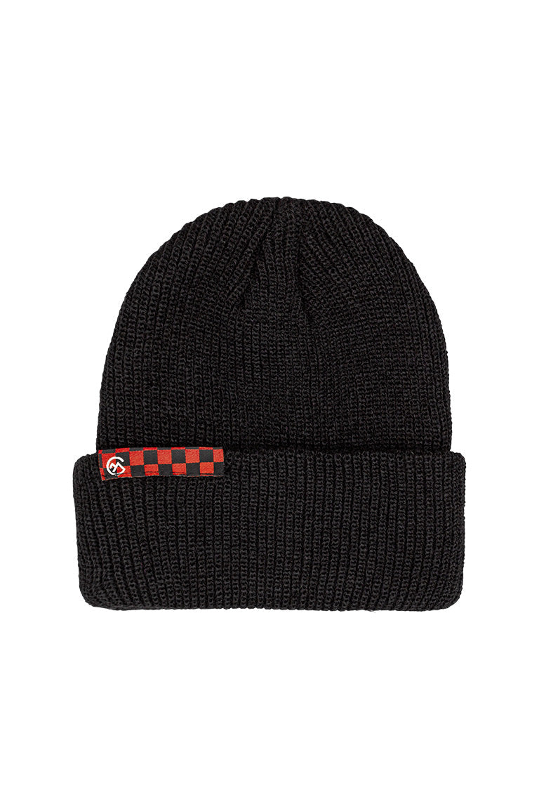 A black beanie with a small tag of a black and burgundy checkered design
